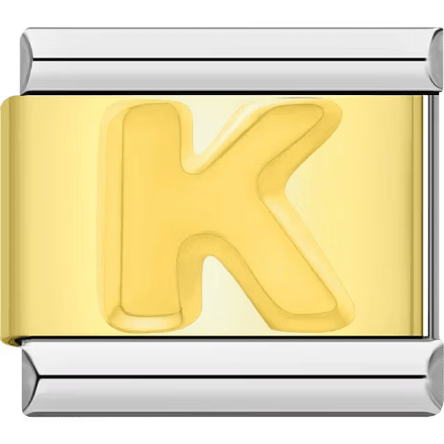 Gold Italian charm link with a raised letter "K" on a polished gold surface and silver edges.
